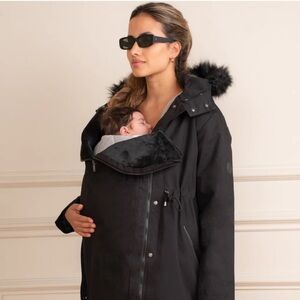 Women's Black Maternity Coat with Faux Fur Hood